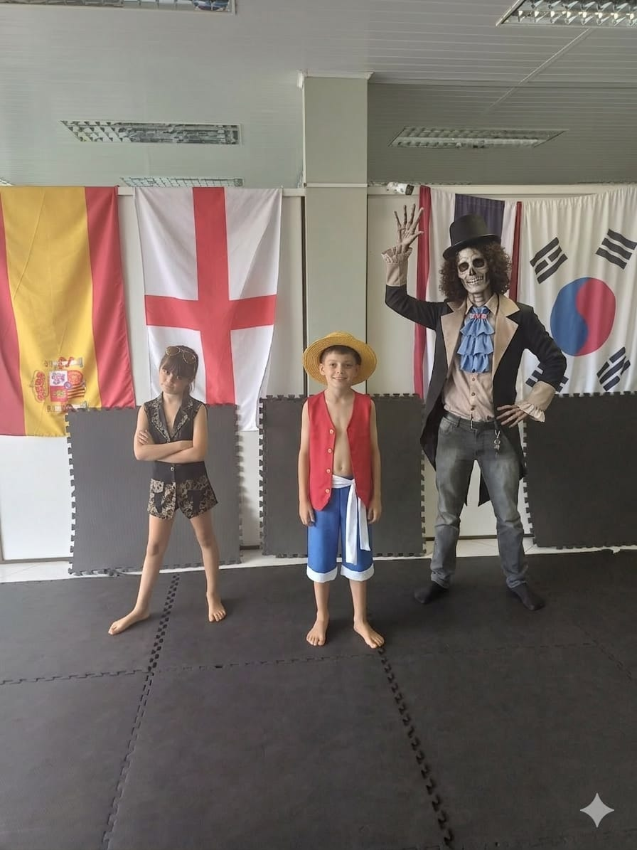 Crianças fantasiadas em atividade de recreação no tatame, com bandeiras de países ao fundo